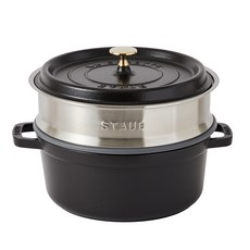 staub Cocotte 圓形鑄鐵鍋 含蒸籠 黑色, 1個, 24厘米