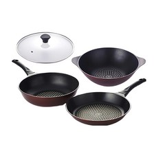 Kitchen-Art 平底鍋具4件組, 酒紅色+透明鍋蓋, 平底鍋 28cm+深型平底鍋 28cm+大炒鍋 28cm+玻璃鍋蓋 28cm, 1組