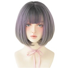 HiYuni 漸層瀏海短髮整頂假髮 30cm + 髮網 + 支架組 D3103, 灰紫色, 1個