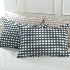 g BEDDING 格紋圖案桃皮絨枕頭套 2入+枕芯 2入, 灰色, 1組
