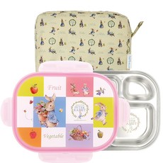 比得兔不鏽鋼餐盤便當盒組, 粉色, 餐盤+便當蓋+便當袋