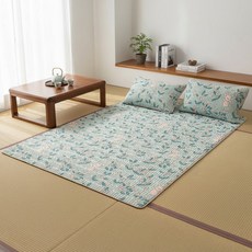 ANTIAN 乳膠涼席枕頭套三件組 可水洗空調軟席 涼感床墊床單 歡樂兔, 綠, 涼席+ 2枕頭套