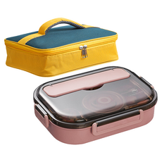Mega 莫蘭迪新色 304不鏽鋼五格便當盒 Set, 餐具+湯碗+便當袋 小5格粉色 25 x 19 x 6.5cm + 便當袋黃藍色 26.5 x 21 x 8cm, 小5格粉色 + 便當袋黃藍色, 1組