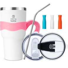 carry bottle Monster保溫杯+矽膠防滑手把+翻轉吸管杯蓋+不鏽鋼吸管+吸管套3入組, 白色(保溫杯),粉色(手柄), 900ml, 1組