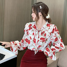 POPLARNC 玫瑰蝴蝶結雪紡衫