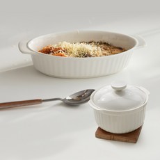 ssueim MILD陶瓷橢圓形烤盤+蒸蛋碗 M號, 1套, Clova White