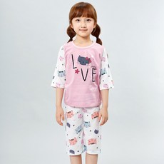 Kids Line 孩童兩件式貓咪印花7分袖睡衣褲組