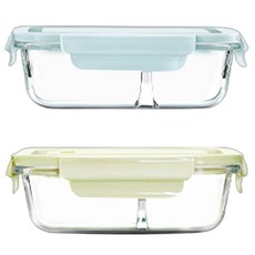 大長兩格耐熱玻璃保鮮盒 顏色隨機 1L, 2個, 1組