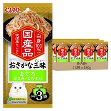 INABA CIAO 啾嚕 豪華魚三昧餐包 燒津鰹魚湯底 IC-415, 180g, 16袋, 鮪魚 + 雞肉 + 吻仔魚