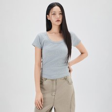 미쏘 여성용 골지 U넥 반팔 티셔츠