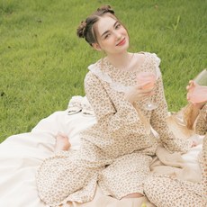 테라우드 여성용 통기성 면기모 프릴카라 긴팔 원피스 잠옷