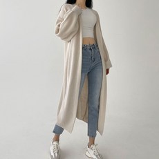 Planday 女款柔美寬鬆版型氣球袖蜂巢針織長版披肩開襟衫