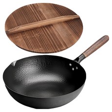 手工鍛造不沾老鐵鍋, 32cm 熟鐵材質, 杉木碳化鍋蓋, 1個