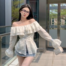 PEONIST 女士露肩荷葉邊線條上衣