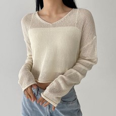 플랜데이 여성용 루즈핏 입술넥 시스루 부클 니트