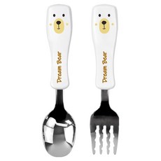 kitchen U 幼兒小熊不鏽鋼湯匙叉子組, 1套, 白色, 勺子+叉子