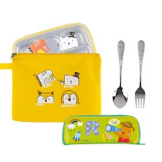 動物印花不鏽鋼餐盤便當盒餐具組, 混色, 餐盤+湯匙+叉子+餐具袋 2入