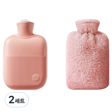 소울리치 편리한 보온 물주머니 핑크 + 인조 토끼털 커버 세트 2L, 2세트