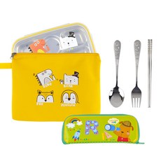 아이쥬 식판 가방 도시락 세트, 혼합색상, 식판 깊은형 + 스텐 젓가락 + 스푼 + 포크 + ABC 멀티케이스, 1개