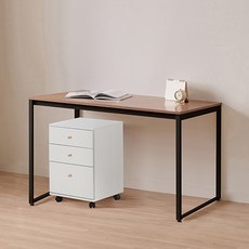 윌로우 플로우 철제 컴퓨터 가로 1400 세로 600 책상 + A타입 서랍장 세트 방문설치, 블랙+프렌치오크(책상), 화이트(서랍장)