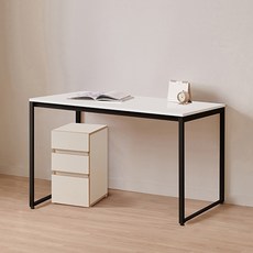 윌로우 플로우 철제 컴퓨터 가로 1400 세로 600 책상 + B타입 서랍장 세트 방문설치, 블랙+화이트(책상), 크림버치(서랍장)