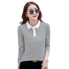 엘쏘 여성용 빅사이즈 폴로 스트라이프 카라 긴팔 티셔츠