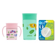 닥터브라운 아동용 NEW 정글 360도 흘림방지 트레이닝 손잡이 컵 2종 200ml 300ml + 실리콘 교체킷 세트, 핑크, 1세트