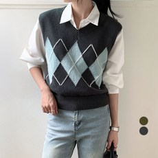 afinar 女款柔軟毛絨菱格紋V領針織背心
