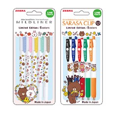 ZEBRA 斑馬牌 Line Friends 溫和眼線 5 色 + Sarasa 夾 5 色 0.5mm 套組, 深藍色、粉色、金色、藍綠色、棕色、黑色、藍色、紅色、綠色、橙色, 1套