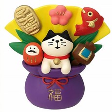 Decole Concombre 開運寶袋貓擺飾, 白色 + 黃色 + 紫色