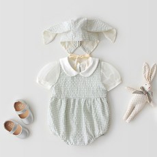 BEBENIZ 嬰兒粉彩格紋包屁衣+兔耳帽子
