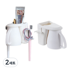 생활살림 무타공 칫솔걸이 + 자석 양치컵 2p 세트, 화이트, 2세트