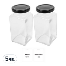 홈앤라이프 유리 양념통 사각 블랙캡 세트, 5세트, 300g 2p + 투명스티커(마법가루 + 참깨)