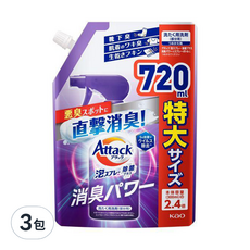 Attack 一匙靈泡沫衣物除菌消臭清潔噴霧補充包 皂香, 720ml, 3包
