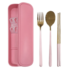 歐式便攜鈦金餐具 SUS304不鏽鋼 PP收納盒 鈦金工藝 易清洗, 筷子 + 湯匙 + 叉子 + 外盒 + 餐具架, 金粉色, 1組