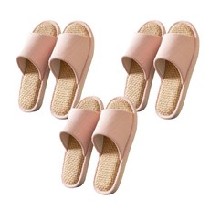 日式居家粗亞麻透氣防滑男女士室內拖鞋, 粉色, 3雙
