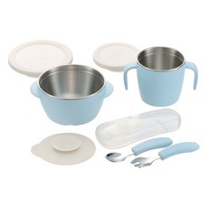 Richell 利其爾 TLI 雙層可拆式不鏽鋼禮盒, 雙層可拆式不銹鋼碗 + 雙層可拆式不鏽鋼雙耳杯 + 不鏽鋼叉匙組 +食用器吸盤, 藍色, 1組