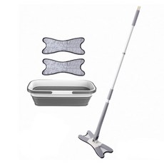 台灣 Life plus 極方便免手洗乾濕兩用拖把折疊水桶組 1桿 + 1桶 + 2張吸水布, 1組