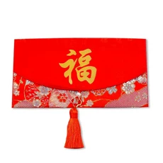 摩達客 春節開運招財紅包袋 高級綢緞金福字太陽花流蘇橫式錢包 新年禮品, 1個