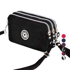 BUBBLYDAY 女款3層拉鍊尼龍多功能斜背包 SB007, 黑色