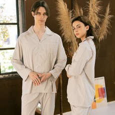 TERAWOOD 情侶奶油色條紋翻領睡衣上下套裝