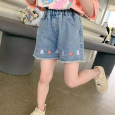 Uvely 女童用 Tohatu 愛心兔子刺繡下擺流蘇鬆緊帶牛仔短褲