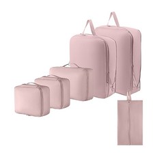機能抗皺壓縮旅行收納袋組 6個, L衣物袋32 x 22 x 10cm + M衣物袋24 x 18 10cm 2個+ L壓縮袋40 x 30 x 10cm + M壓縮袋34 x 26 x 10cm + 鞋袋40 x 22cm, 粉色