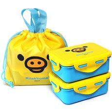 拉拉熊方形密封飯盒 2入+便當袋, 黃色, 1組