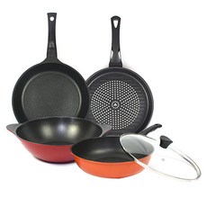 Kitchen-Art 5層鑽石塗層鍋具5件組, 淺綠色+橘色+紅色, 平底鍋 28cm+炒鍋 28cm+煎烤鍋 28cm+雙耳炒鍋 28cm+玻璃鍋蓋 28cm, 1組