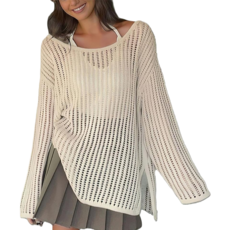 慵懶側開岔洞洞長袖罩衫, 杏色