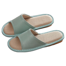 真皮頭層牛皮配亞麻防滑室內拖鞋 LS38, 淺綠色, 1雙