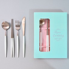 보겐 에펠 양식 1인 커트러리 선물세트, 로즈골드 + 화이트, 디너스푼 1p + 젓가락 1p + 포크1p + 나이프1p + 선물박스
