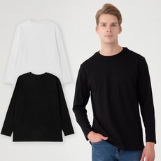 Base Alpha 基本款男女通用透氣純棉圓領長袖T恤 2件組, 黑色 + 白色