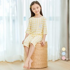 LollyTree 兒童人造絲格紋點綴七分袖居家服上下衣套裝